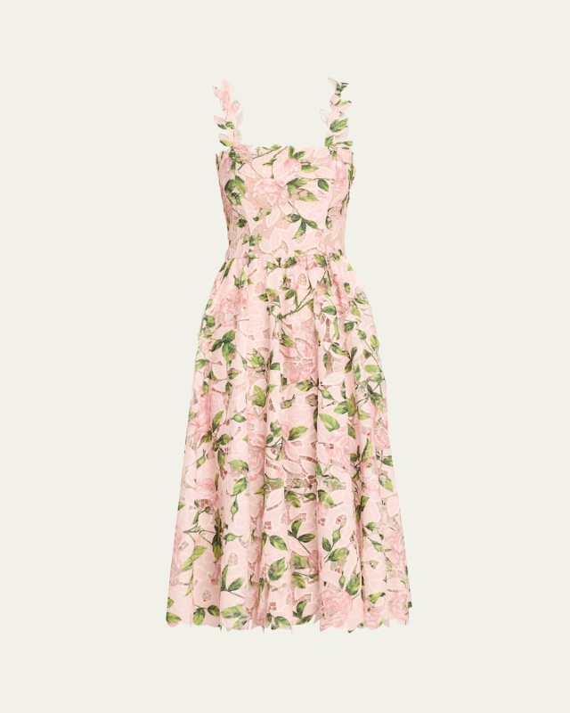 Printed Garden Rose Guipure Sleeveless Midi Dress